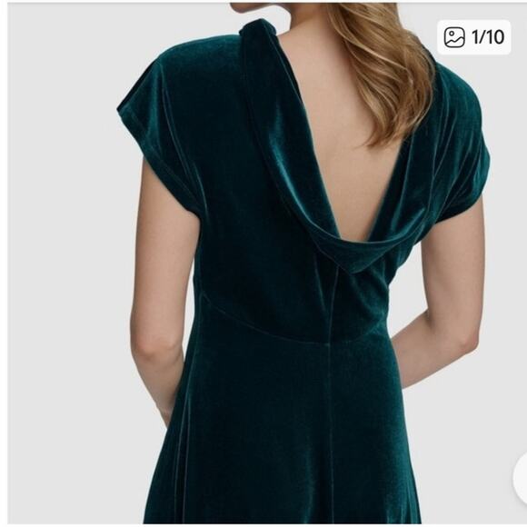 CALVIN KLEIN Green Velvet High Neck Cowl Back PullOn Cap Sleeve Midi Dress Sz 14 - Picture 2 of 15